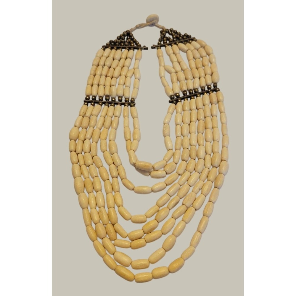 Multi Strand Bib Necklace Boho Tribal Statement Carved Bead Cream Ivory